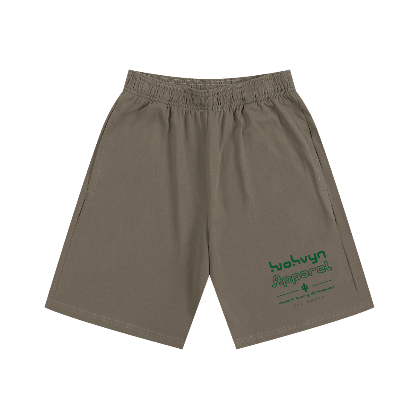 Olive heavyweight cotton shorts with green graphic text, elastic waistband, and side pockets