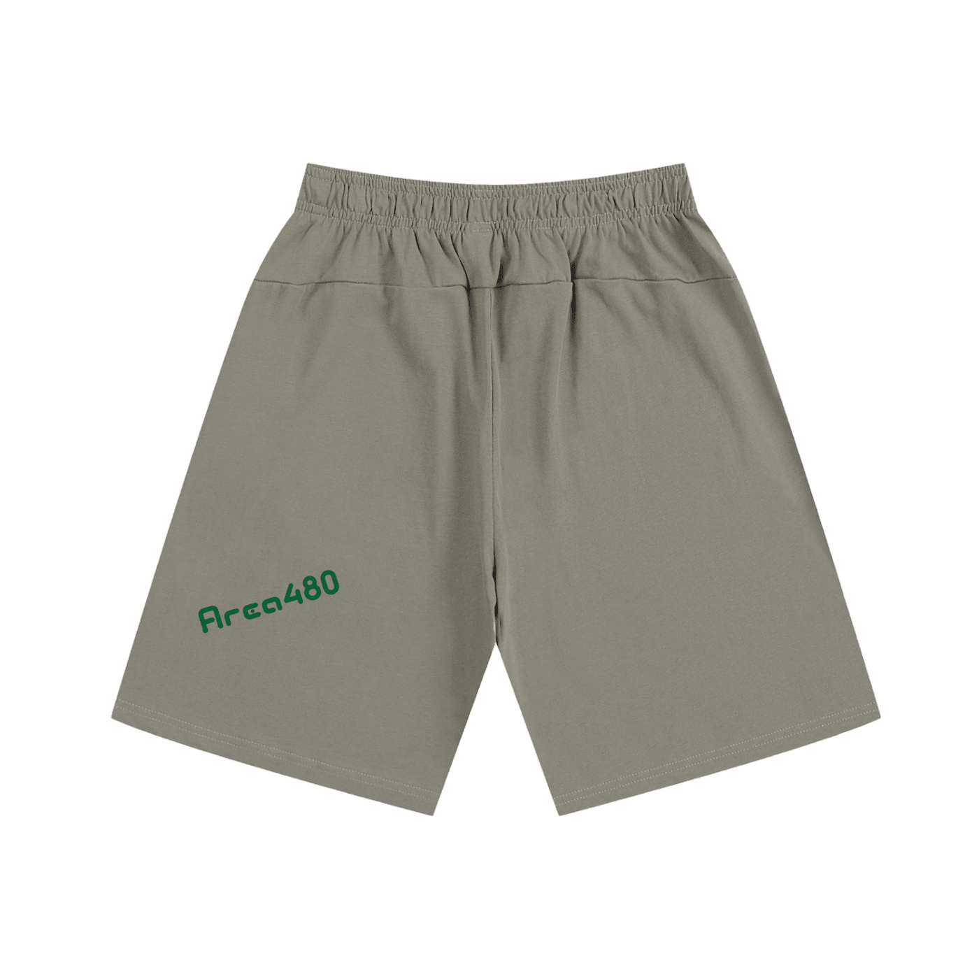 Gray heavyweight cotton shorts with green Area480 text, elastic waistband, streetwear style