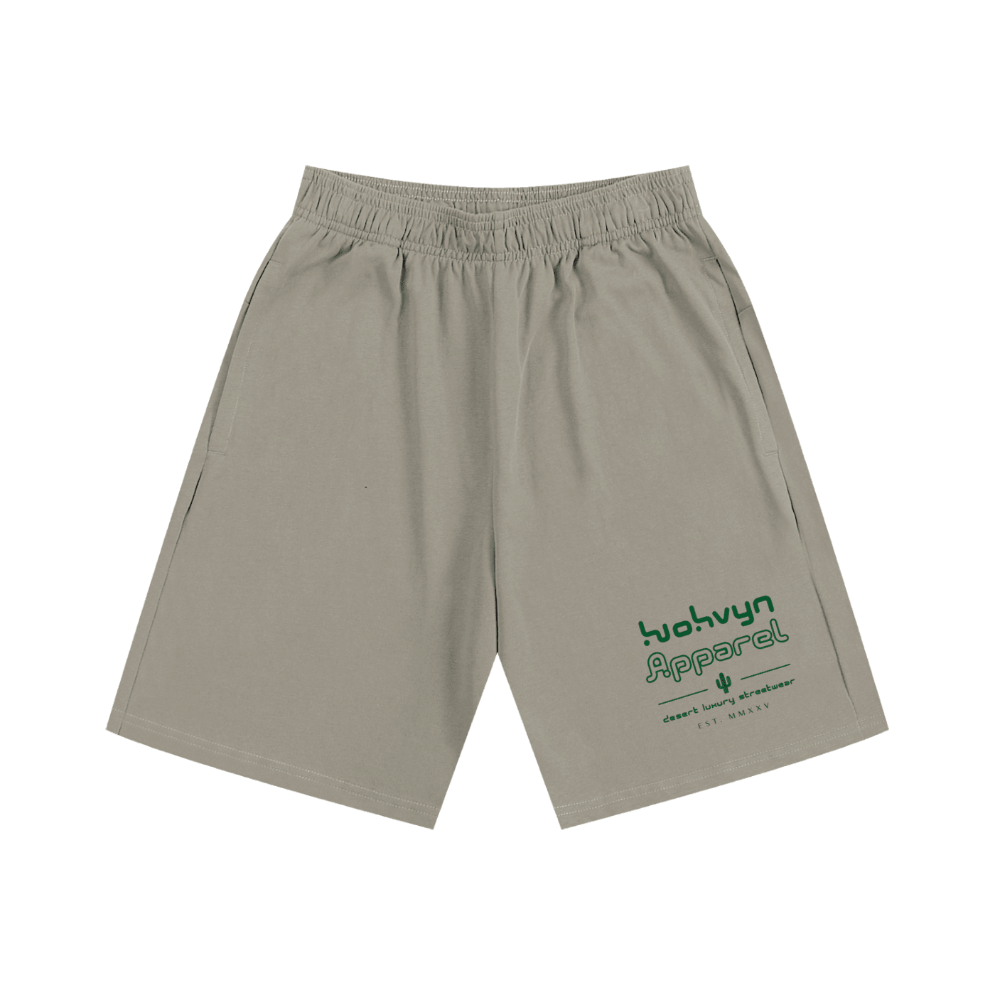 Beige heavyweight cotton shorts with green streetwear graphic and elastic waistband