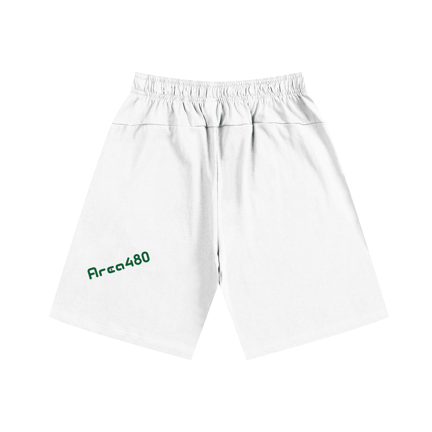 White heavyweight cotton shorts with elastic waistband and Area480 text in green