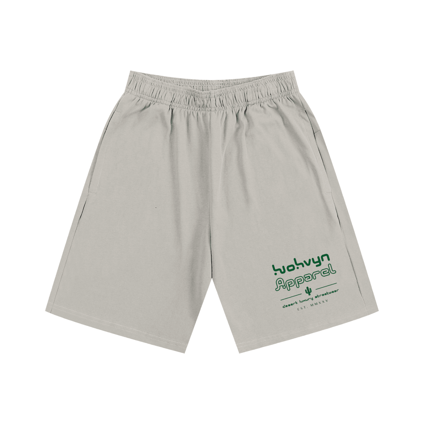 Light grey heavyweight cotton shorts with green graphic text and elastic waistband
