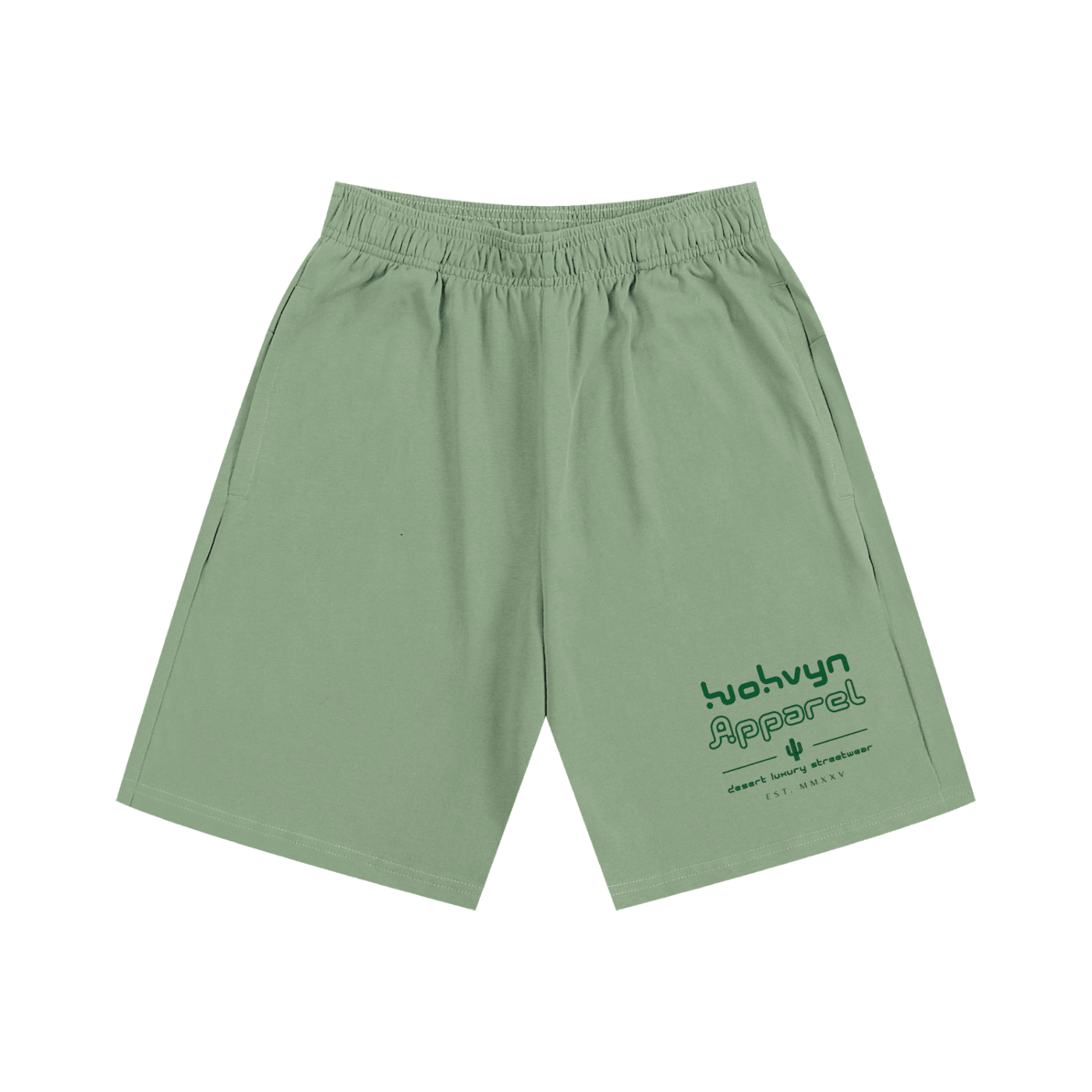 Sage green heavyweight cotton shorts with elastic waistband and bold front logo graphic