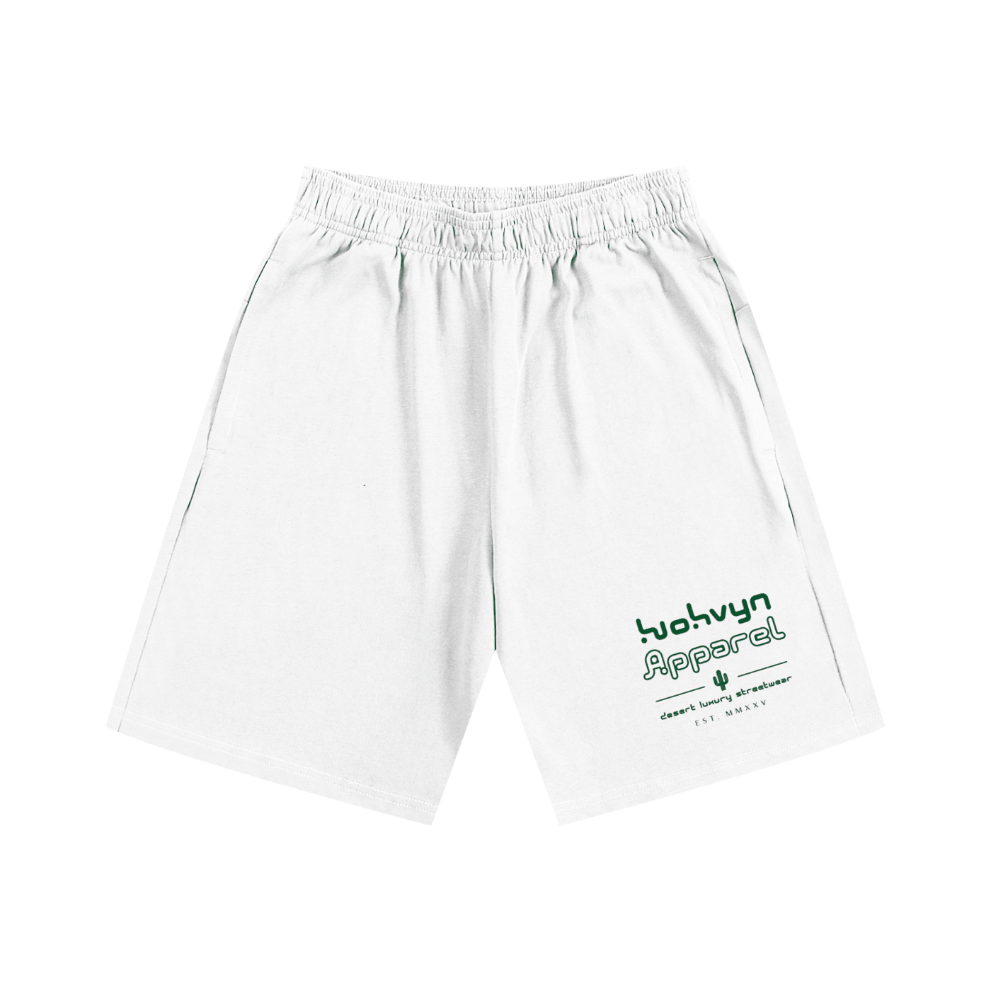 White heavyweight cotton shorts with green logo and elastic waistband, streetwear style.