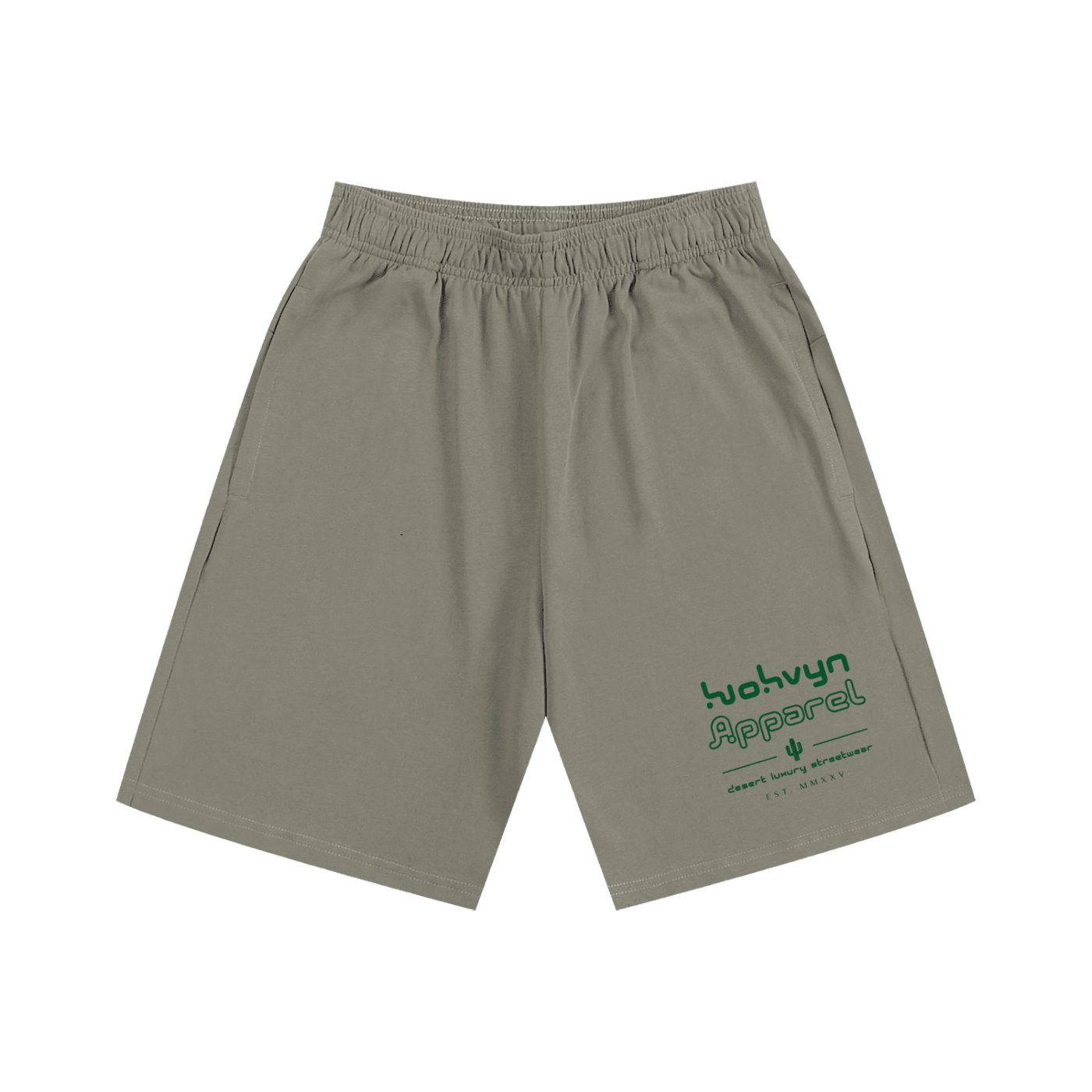 Heavyweight cotton shorts in taupe with green streetwear logo and large front pockets.
