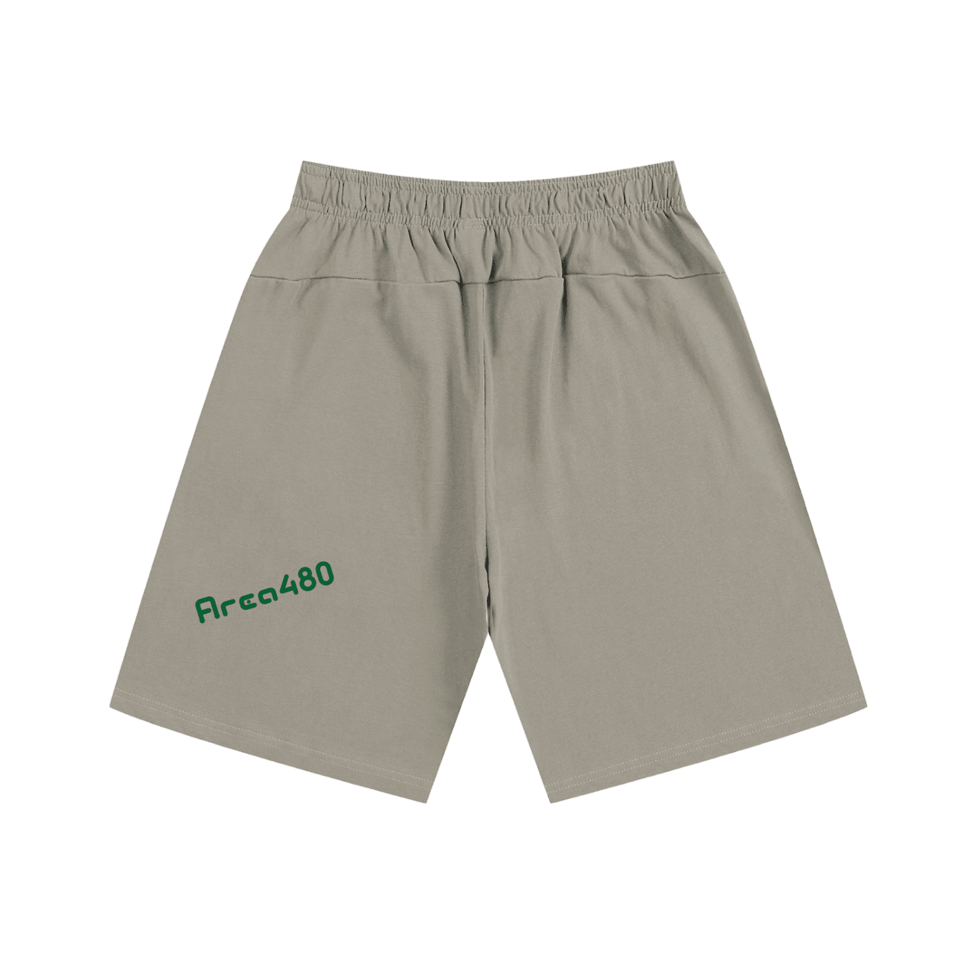 Khaki heavyweight cotton shorts with elastic waistband and green Area480 text on the leg
