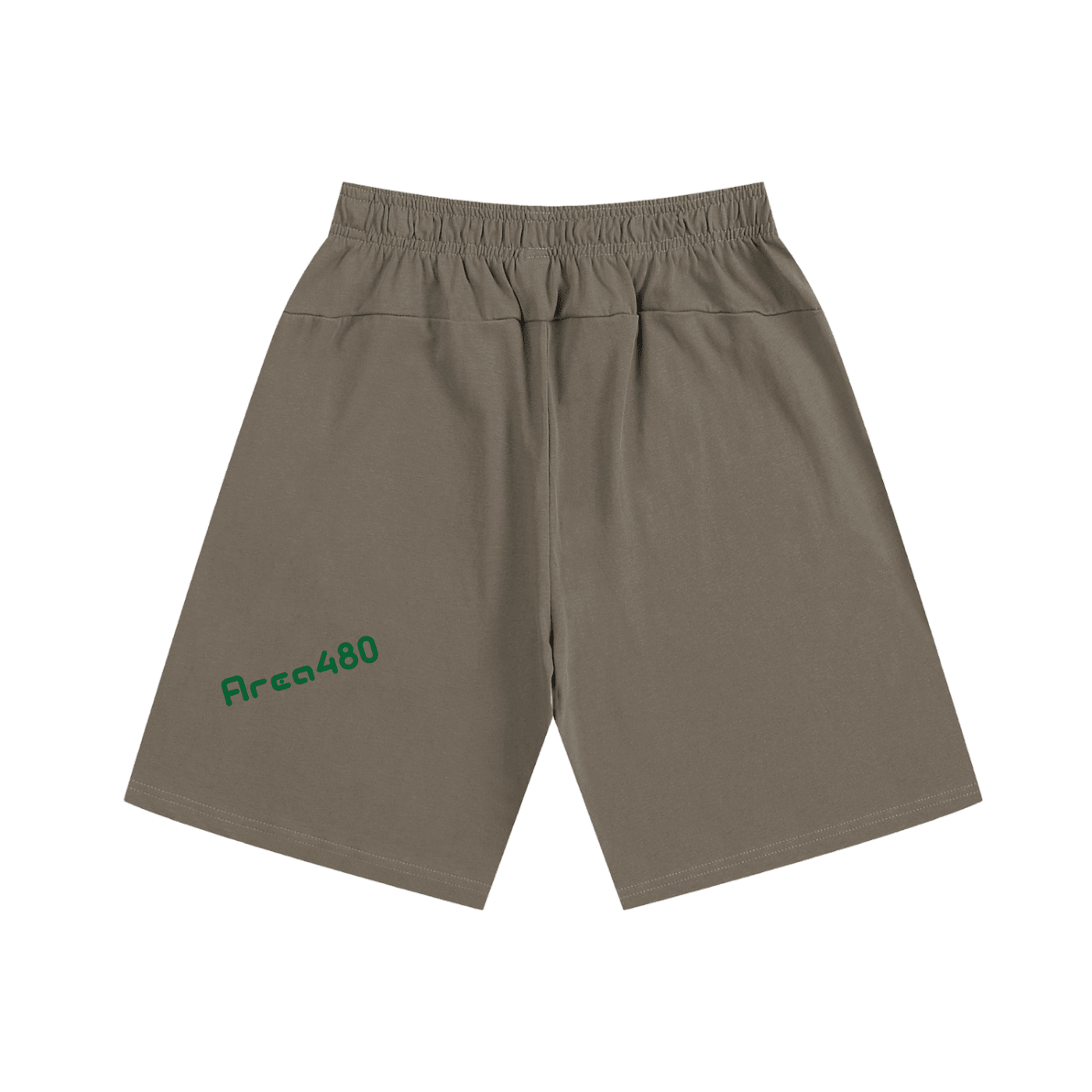 Heavyweight cotton shorts in taupe with elastic waistband and green Area480 text on left leg