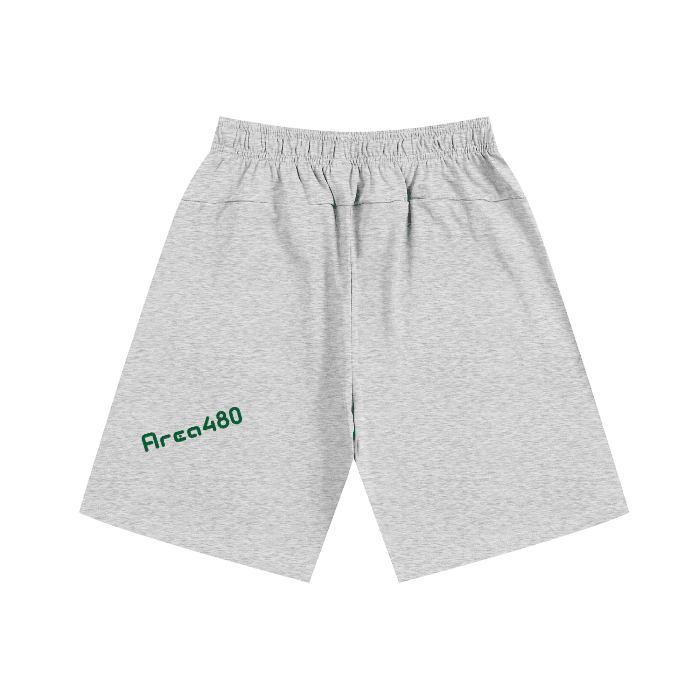 Light grey heavyweight cotton shorts with elastic waistband and Area480 text on leg