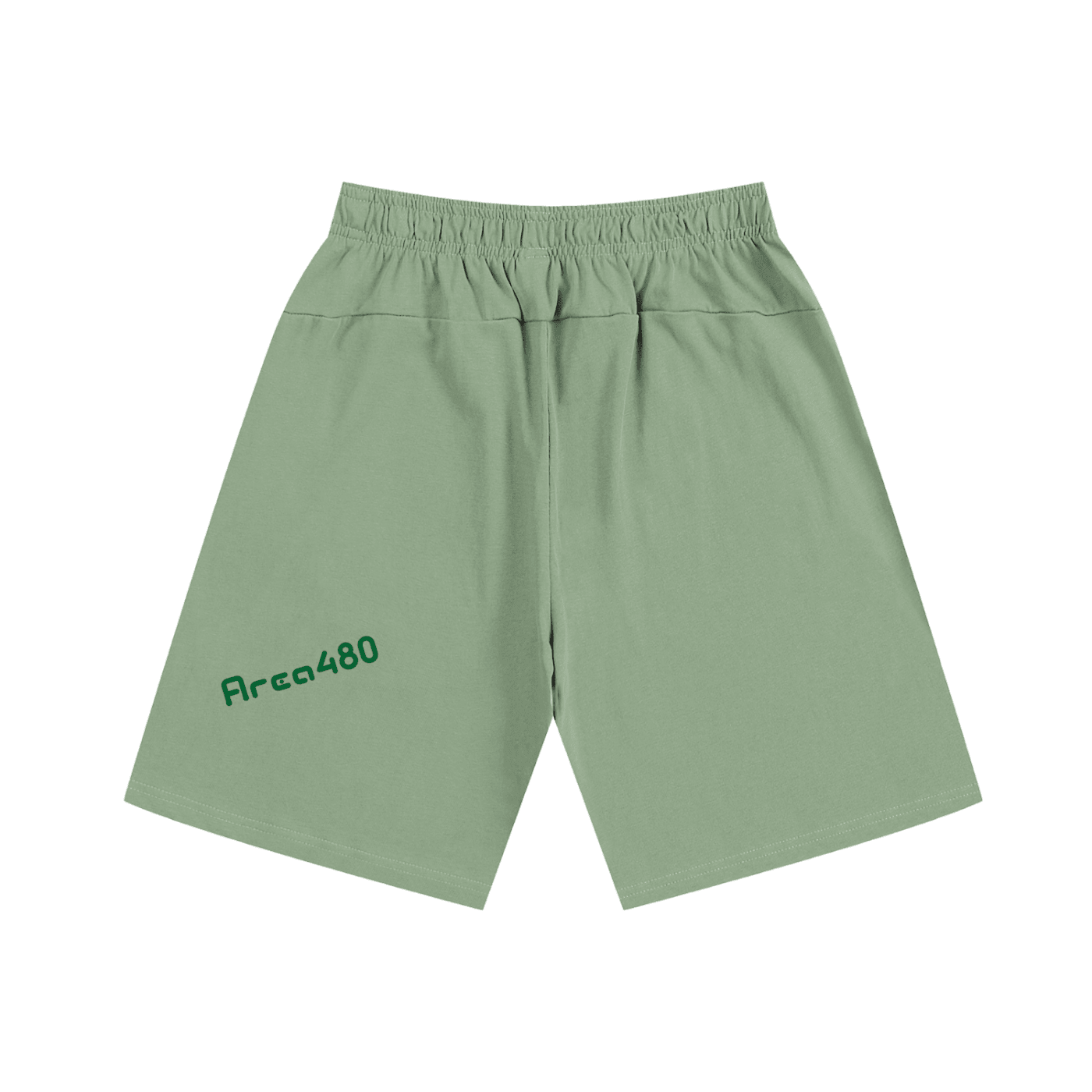Sage green heavyweight cotton shorts with Area480 text on left leg, elastic waistband