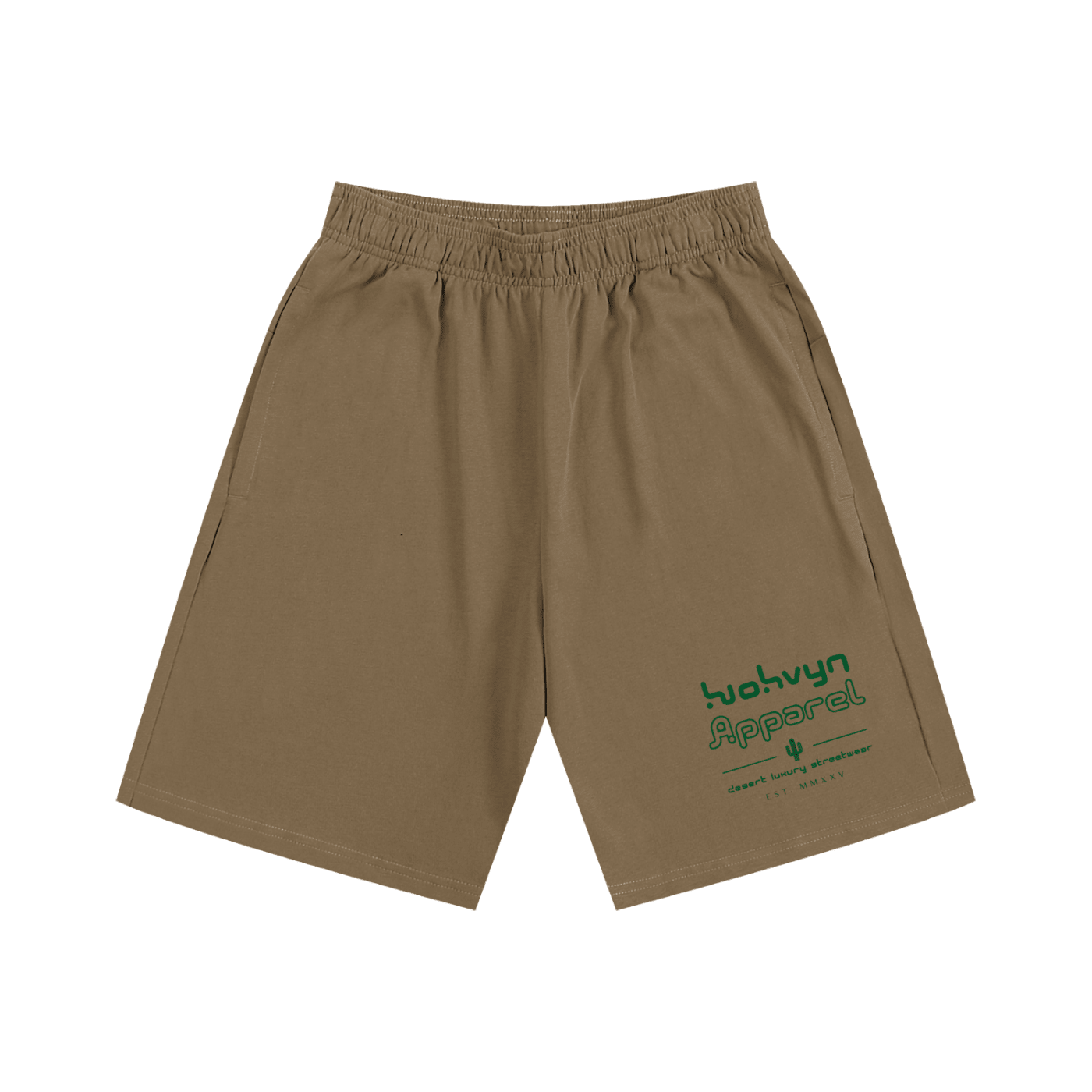 Brown heavyweight cotton shorts with green streetwear text and elastic waistband