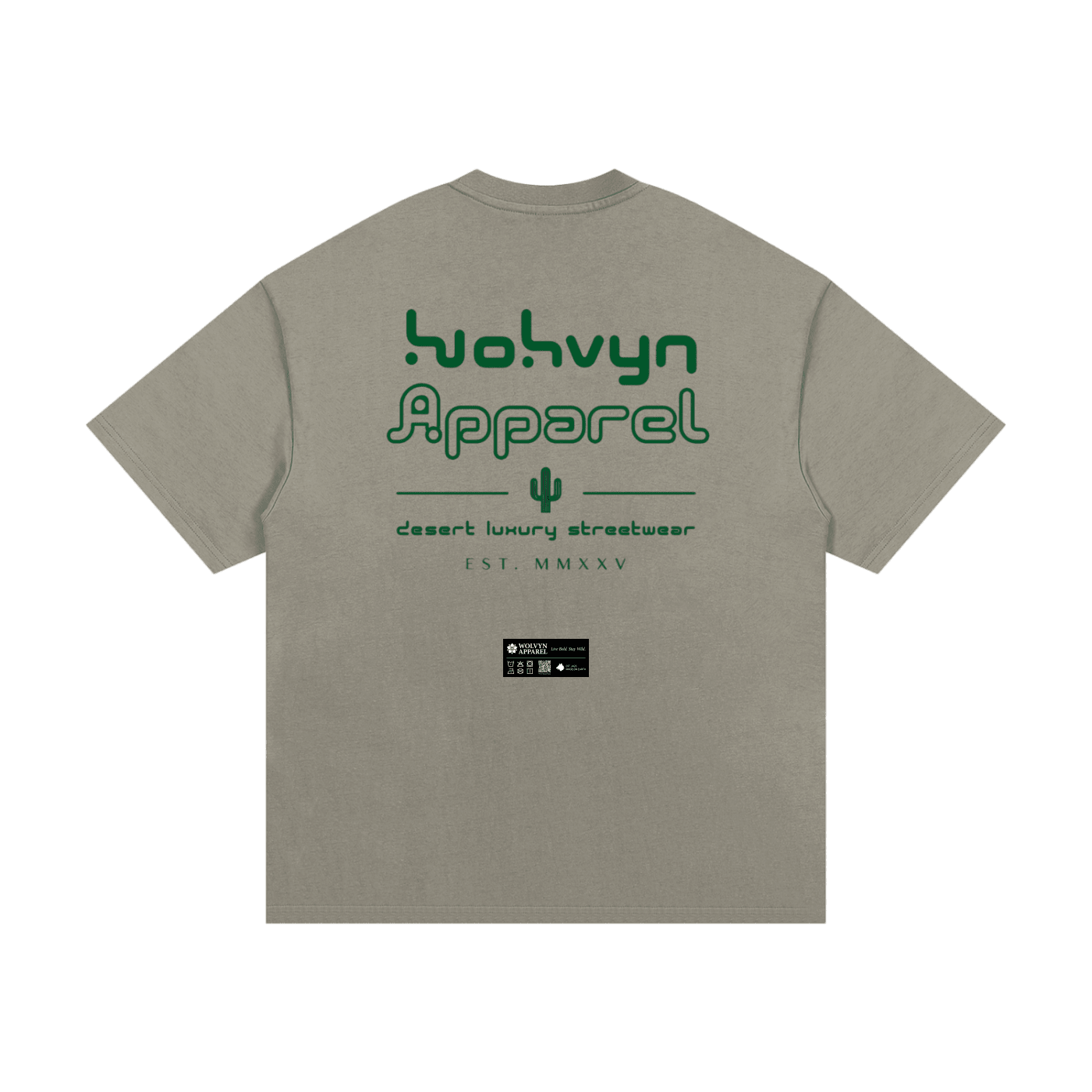 Heavyweight cotton t-shirt in taupe with green graphic desert luxury streetwear print on back