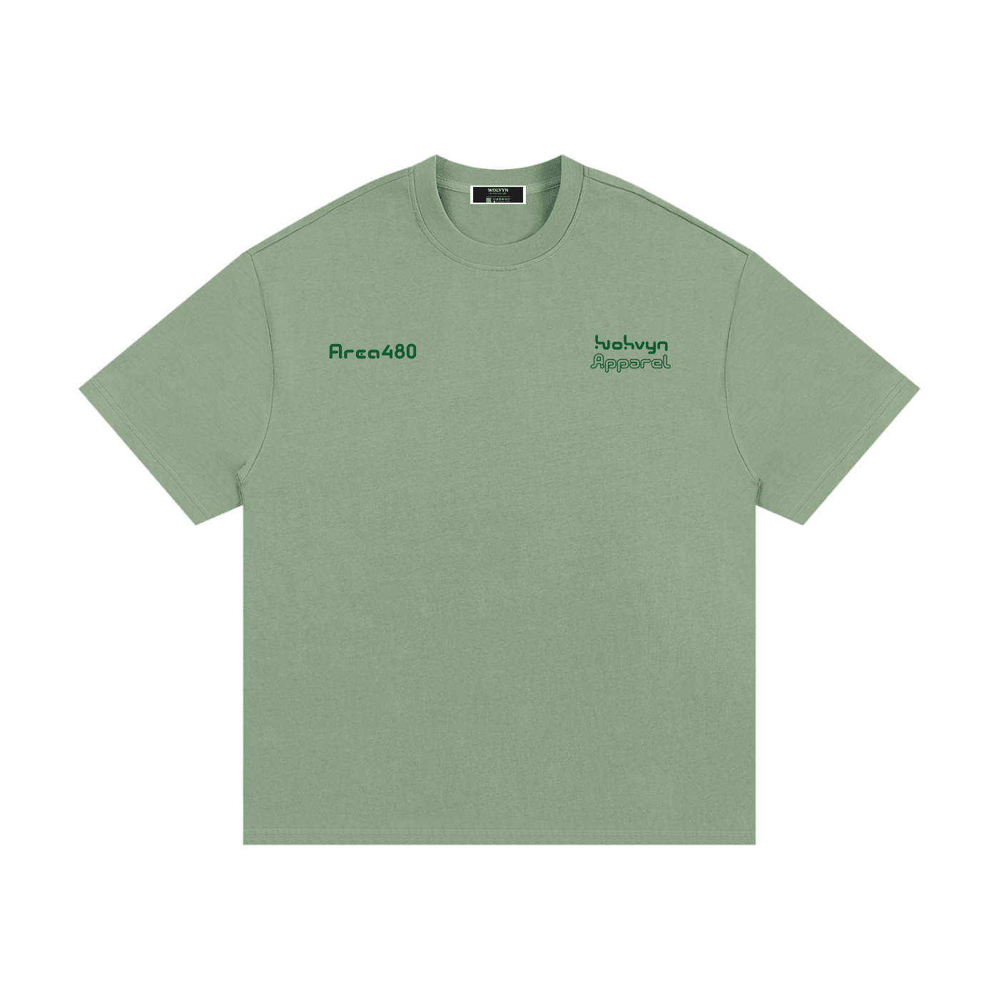 Sage green heavyweight cotton t-shirt with green text Arca480 and front graphic print.