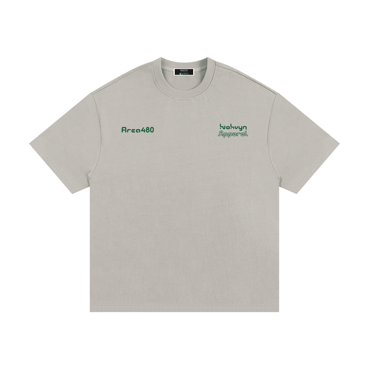 Heavyweight grey cotton t-shirt with green chest text, classic streetwear style
