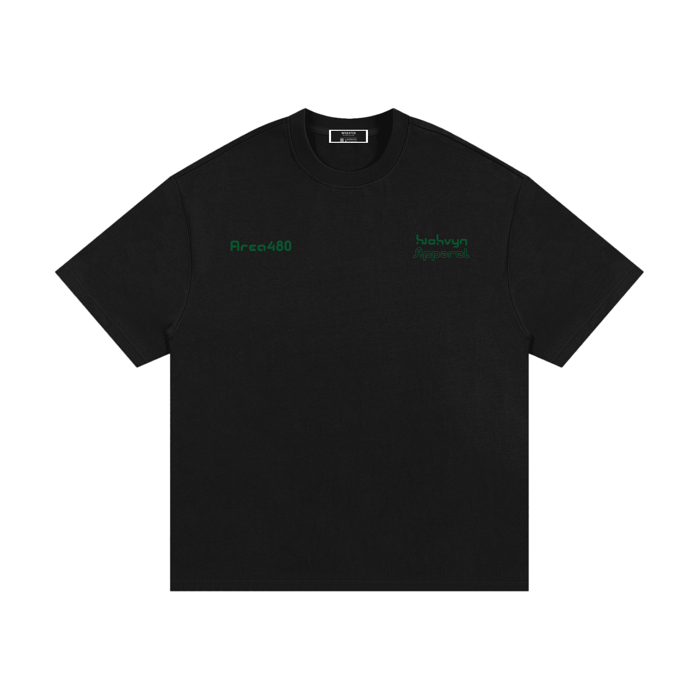 Black heavyweight cotton t-shirt with green text logo, streetwear style, flat lay
