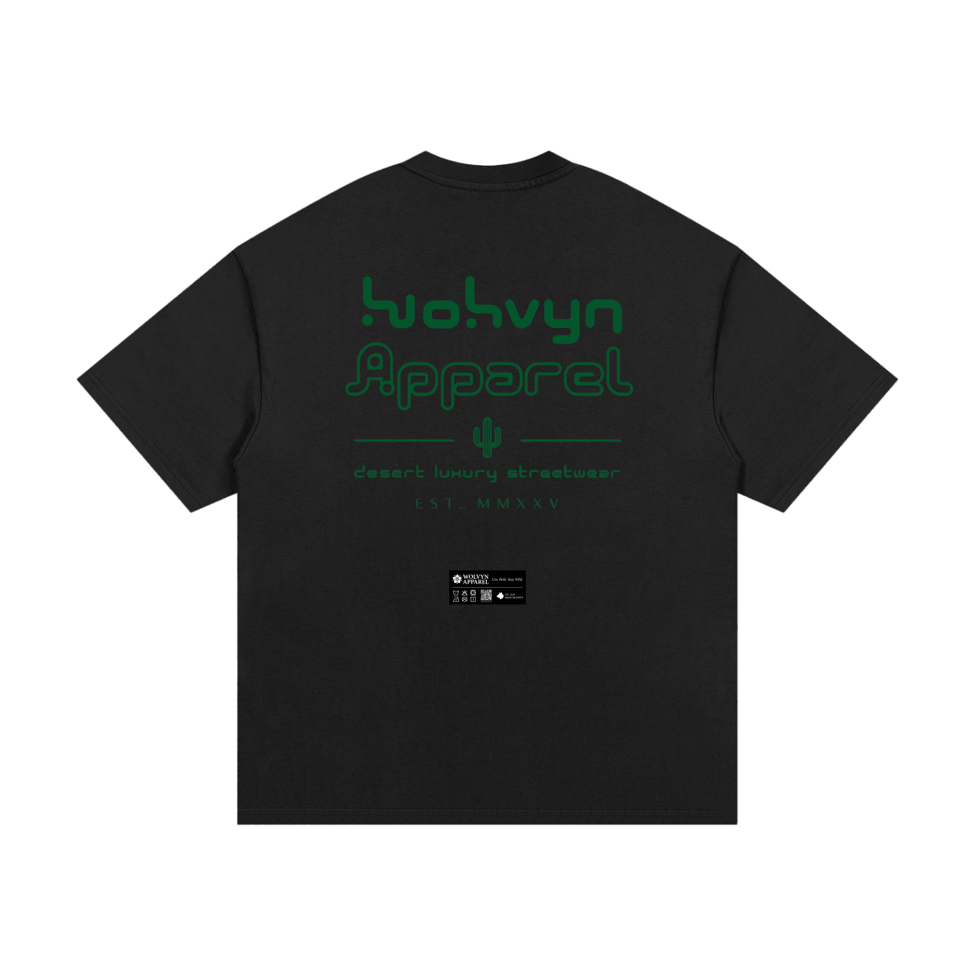 Black heavyweight cotton streetwear T-shirt with green graphic text and cactus design on back