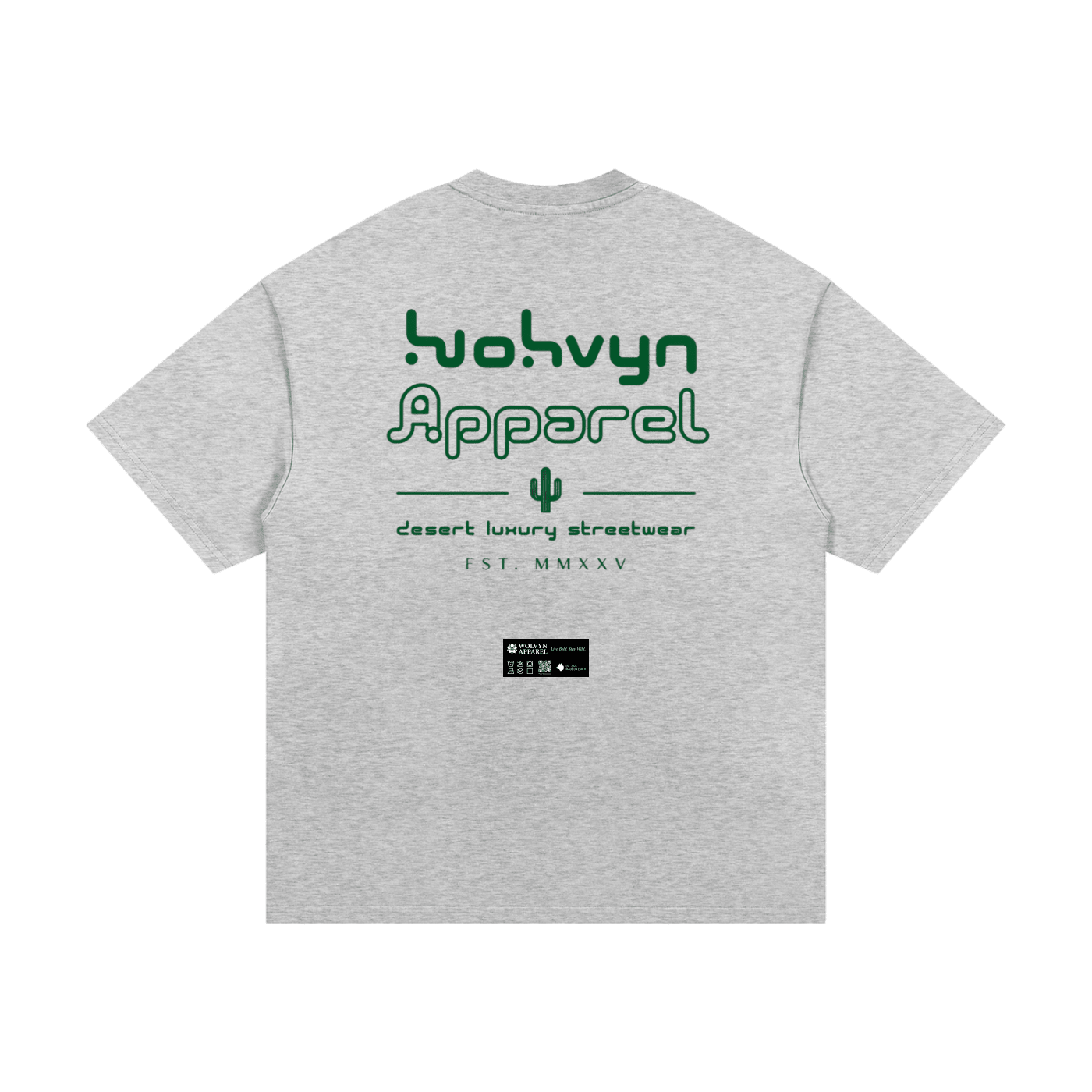Gray heavyweight cotton t-shirt with green modern text and cactus graphic on the back