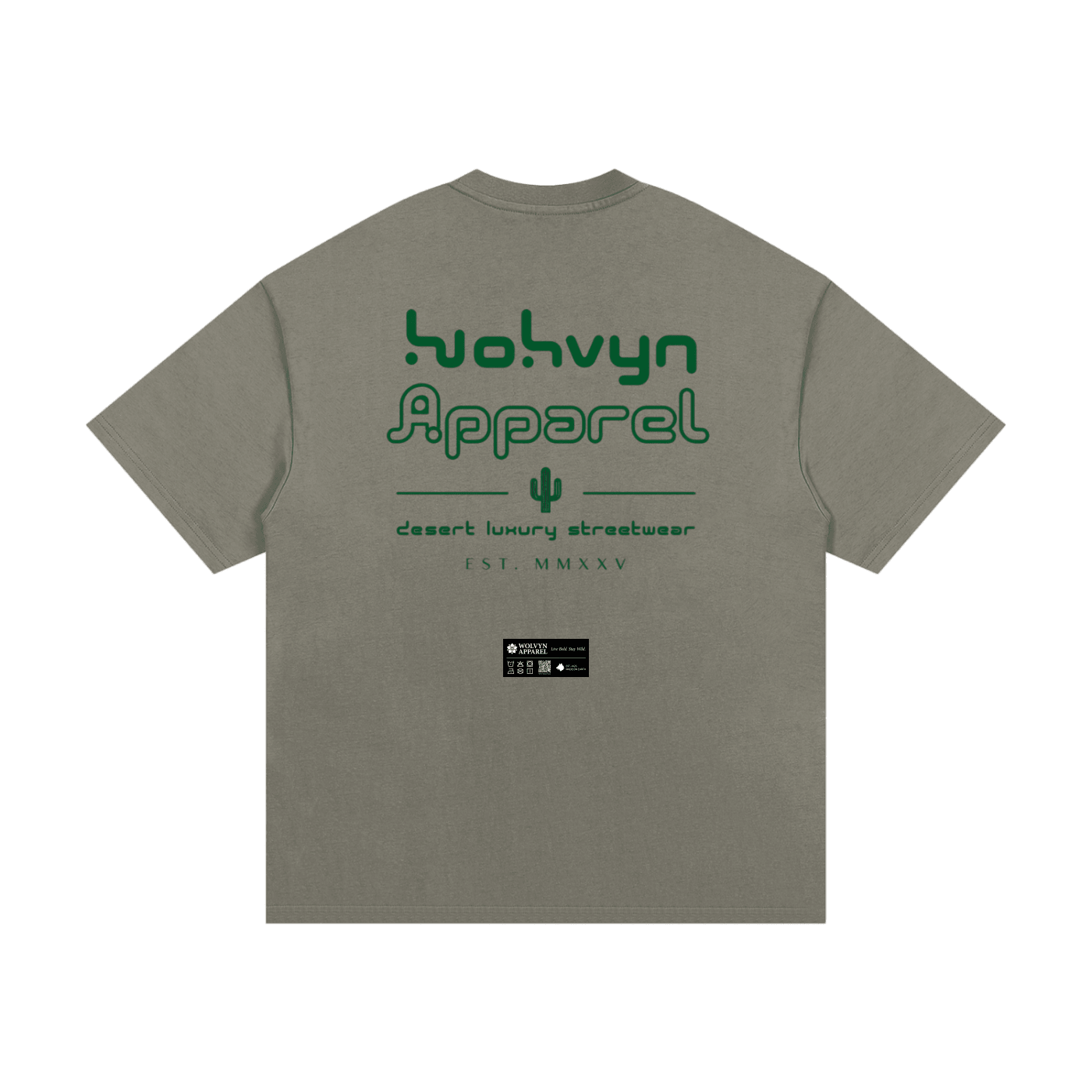 Heavyweight cotton t-shirt in khaki with bold green streetwear graphics and cactus motif.
