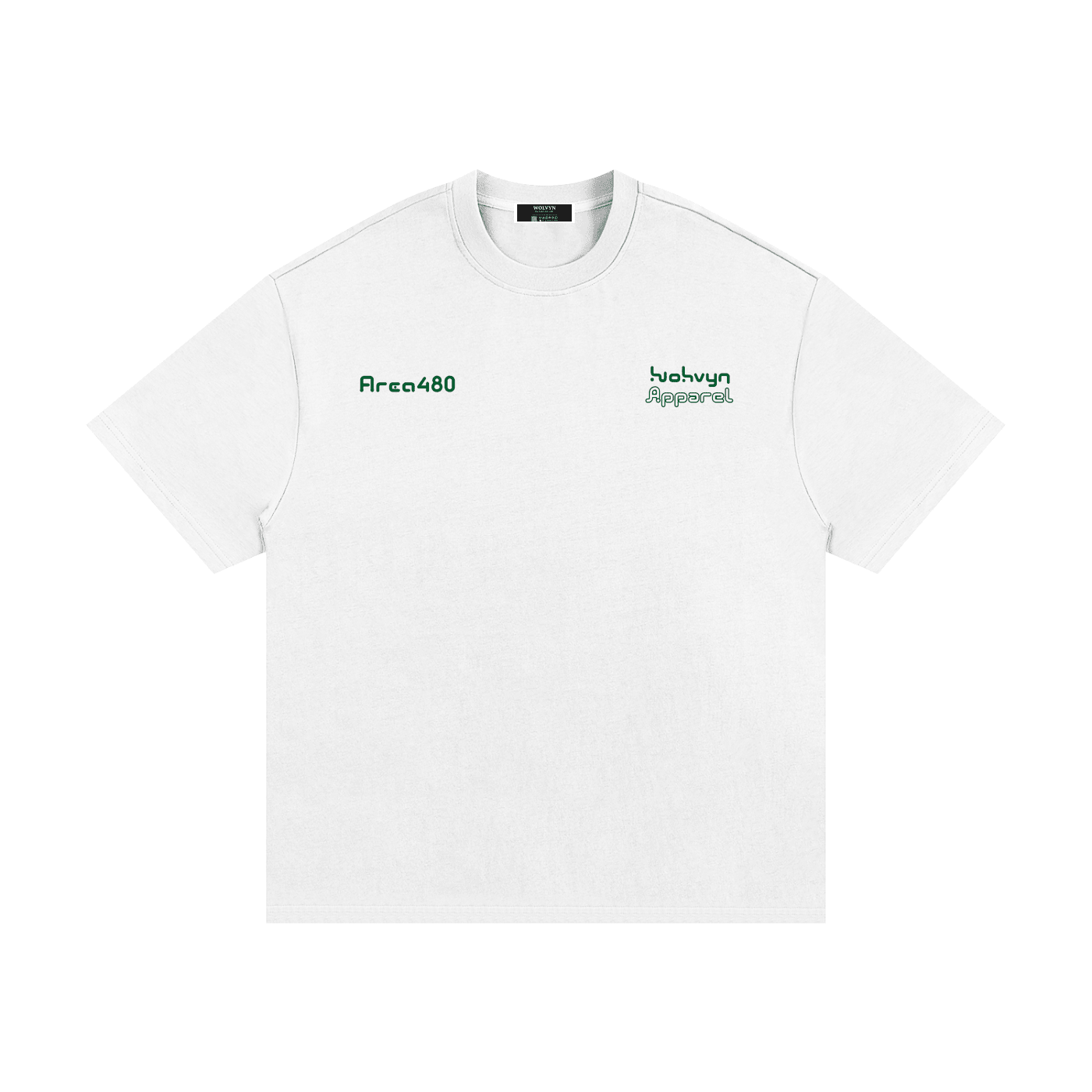 White heavyweight cotton t-shirt with green text and minimalist streetwear design