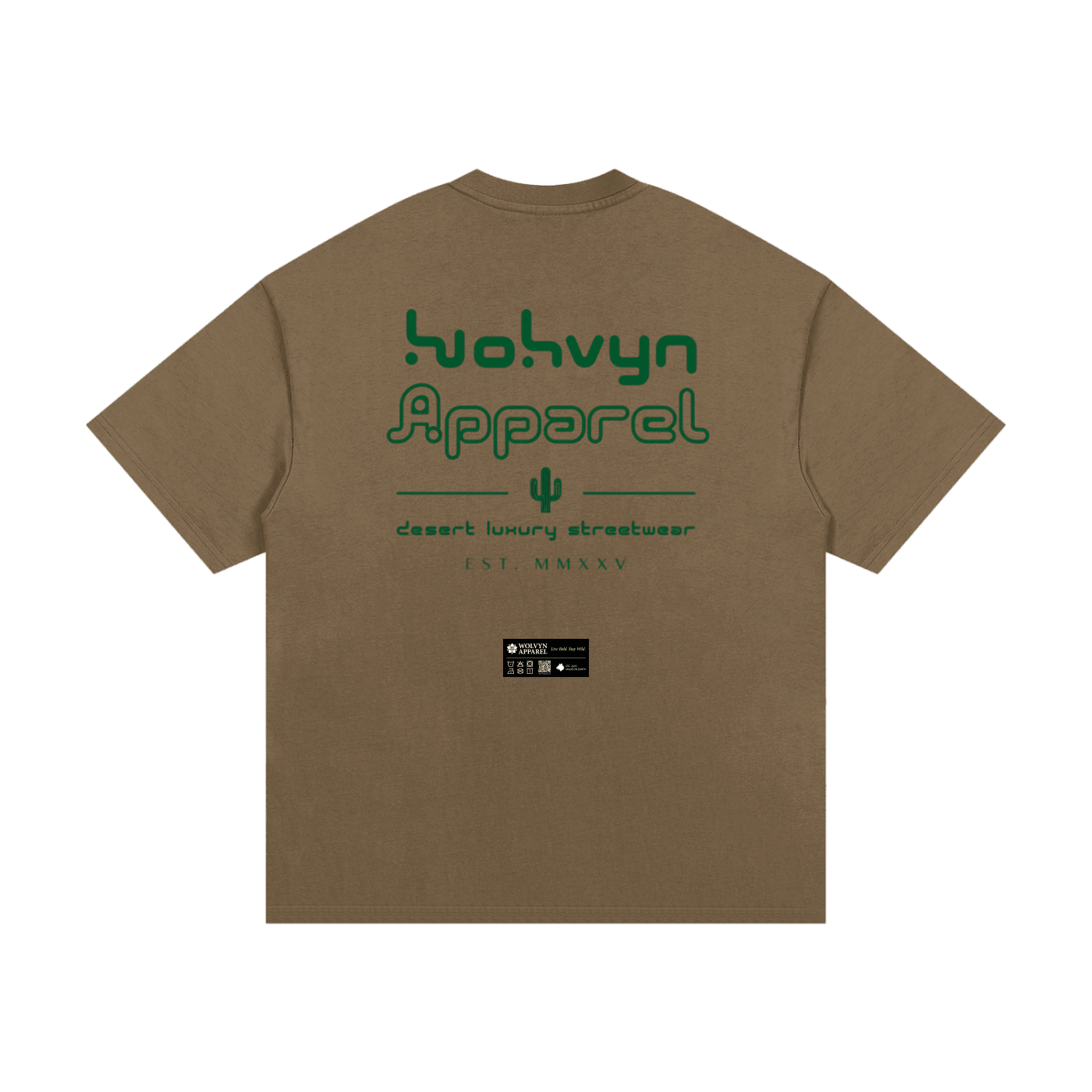 Back view of brown heavyweight cotton t-shirt with bold green streetwear text and cactus graphic.