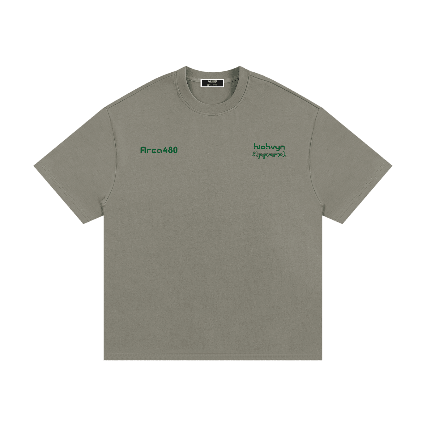 Heavyweight cotton t-shirt in gray with green embroidered text and minimalist design