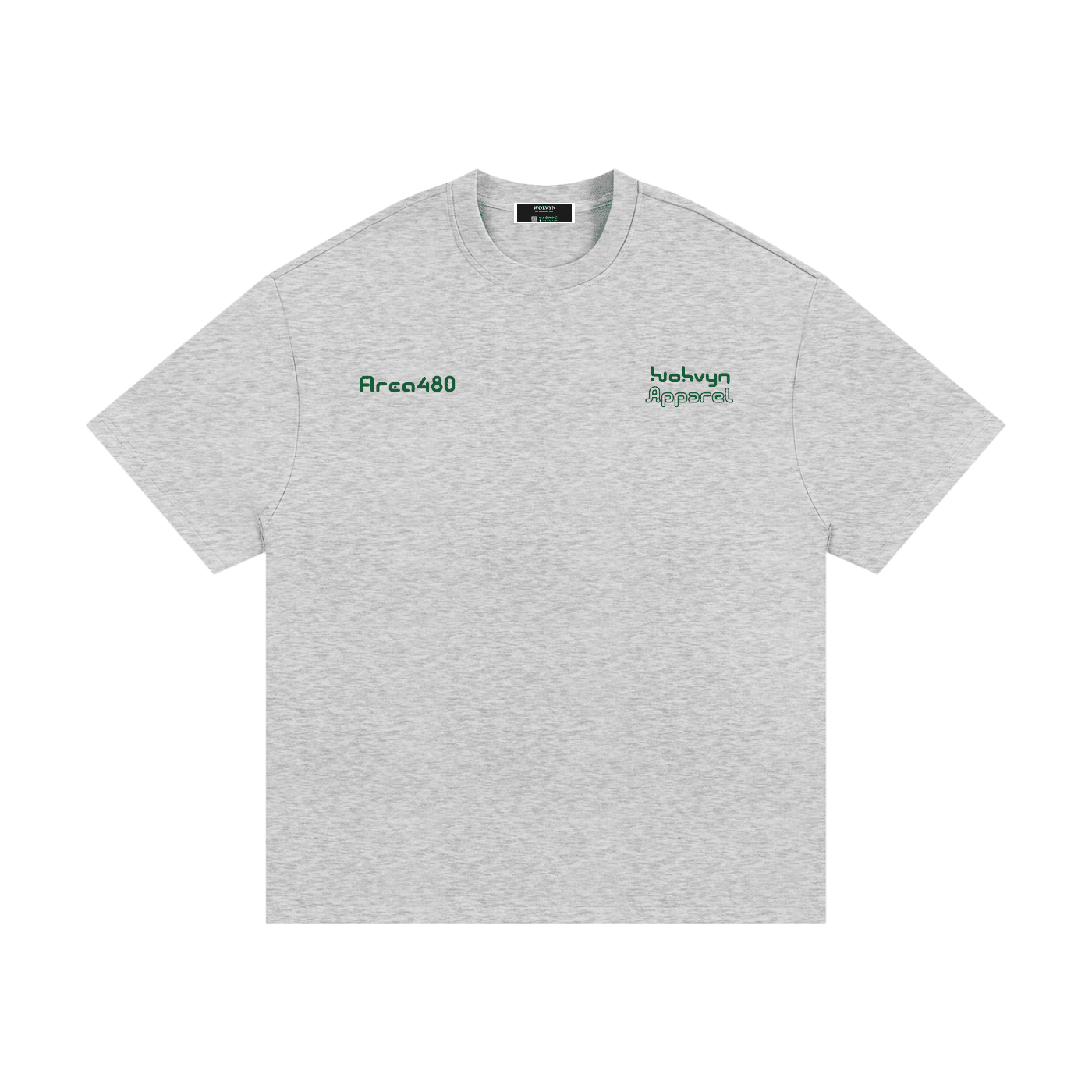 Light grey heavyweight cotton t-shirt with green "Area480" and "Wolvyn Apparel" chest prints