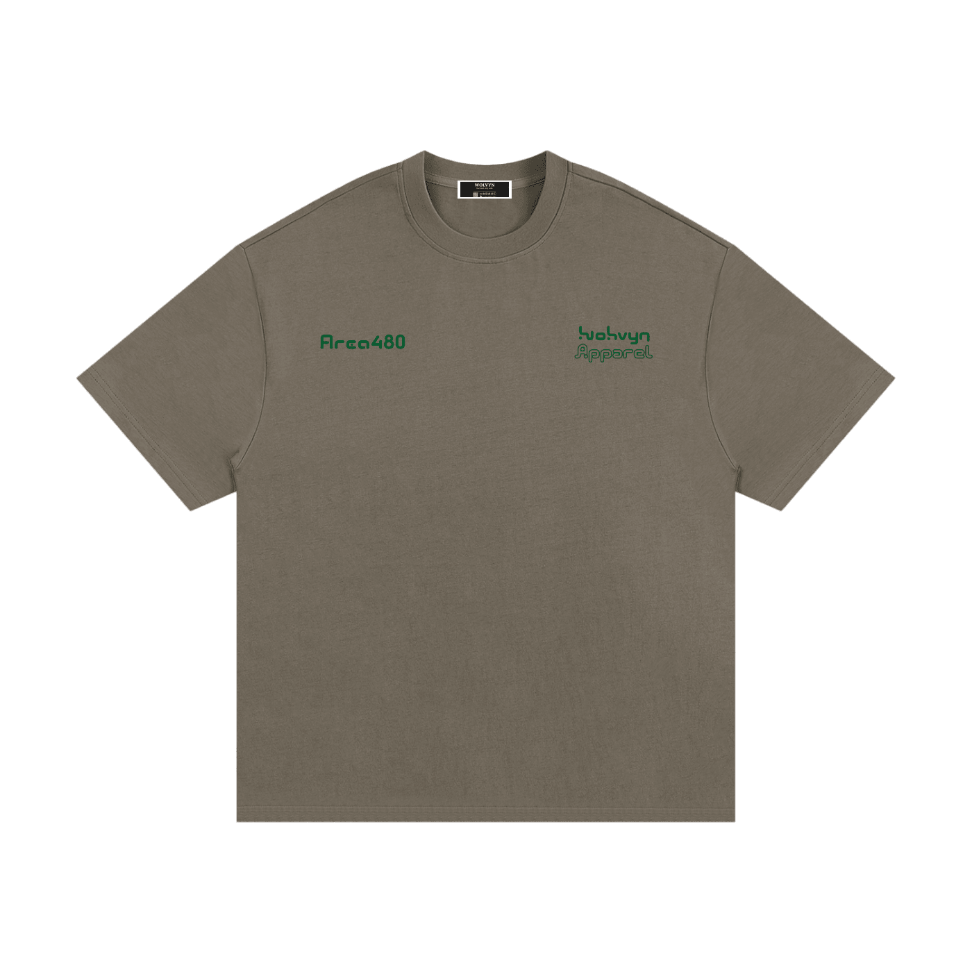 Olive heavyweight cotton t-shirt with green embroidered chest text and relaxed streetwear fit