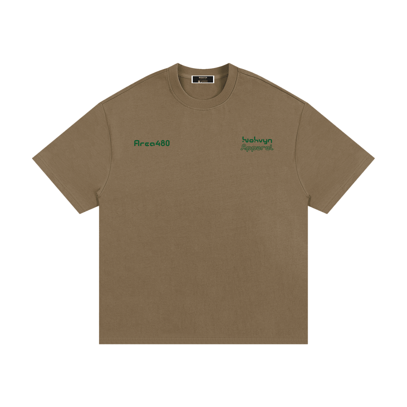 Heavyweight brown cotton t-shirt with green chest embroidery and relaxed fit