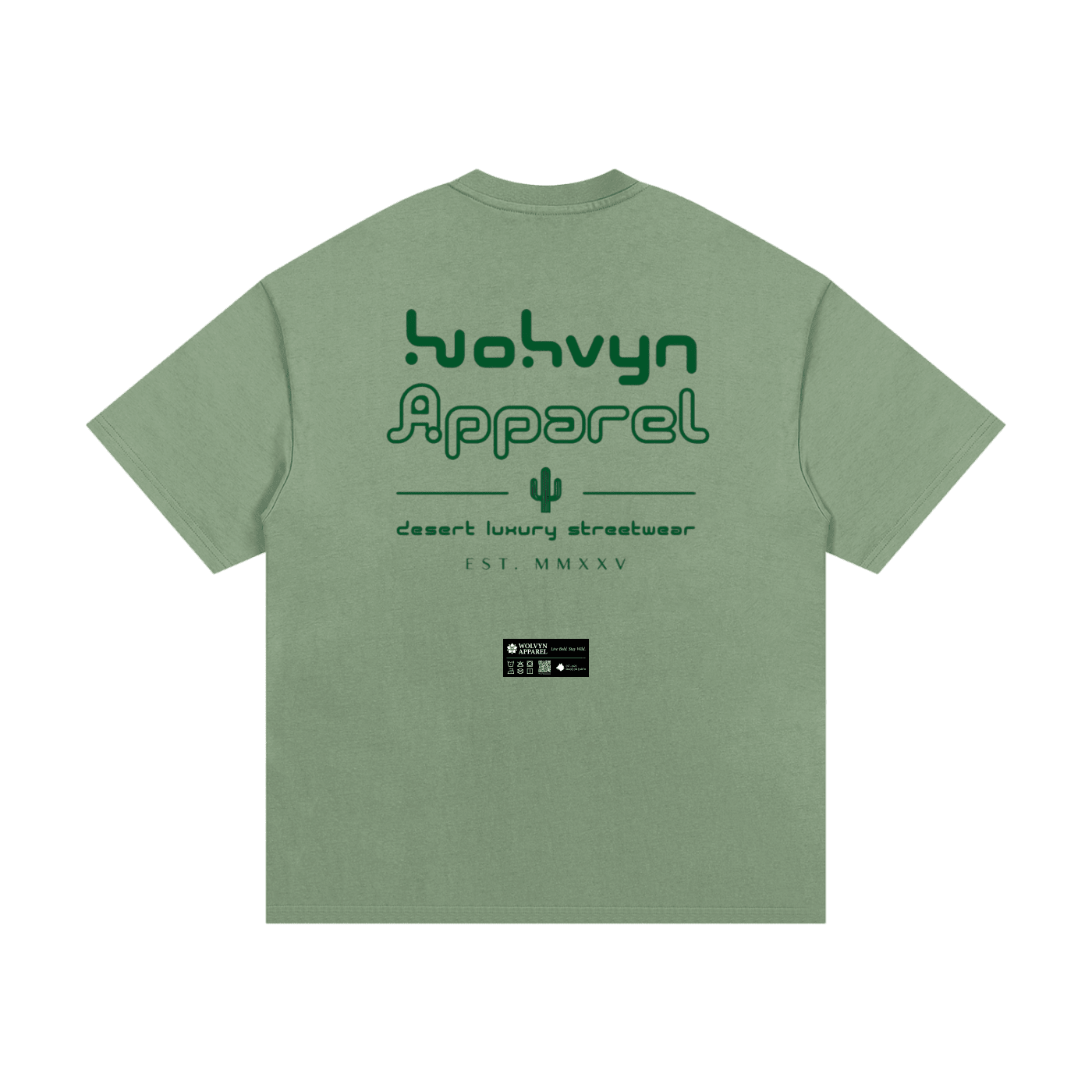 Sage green heavyweight cotton t-shirt with bold graphic text and cactus design on back.