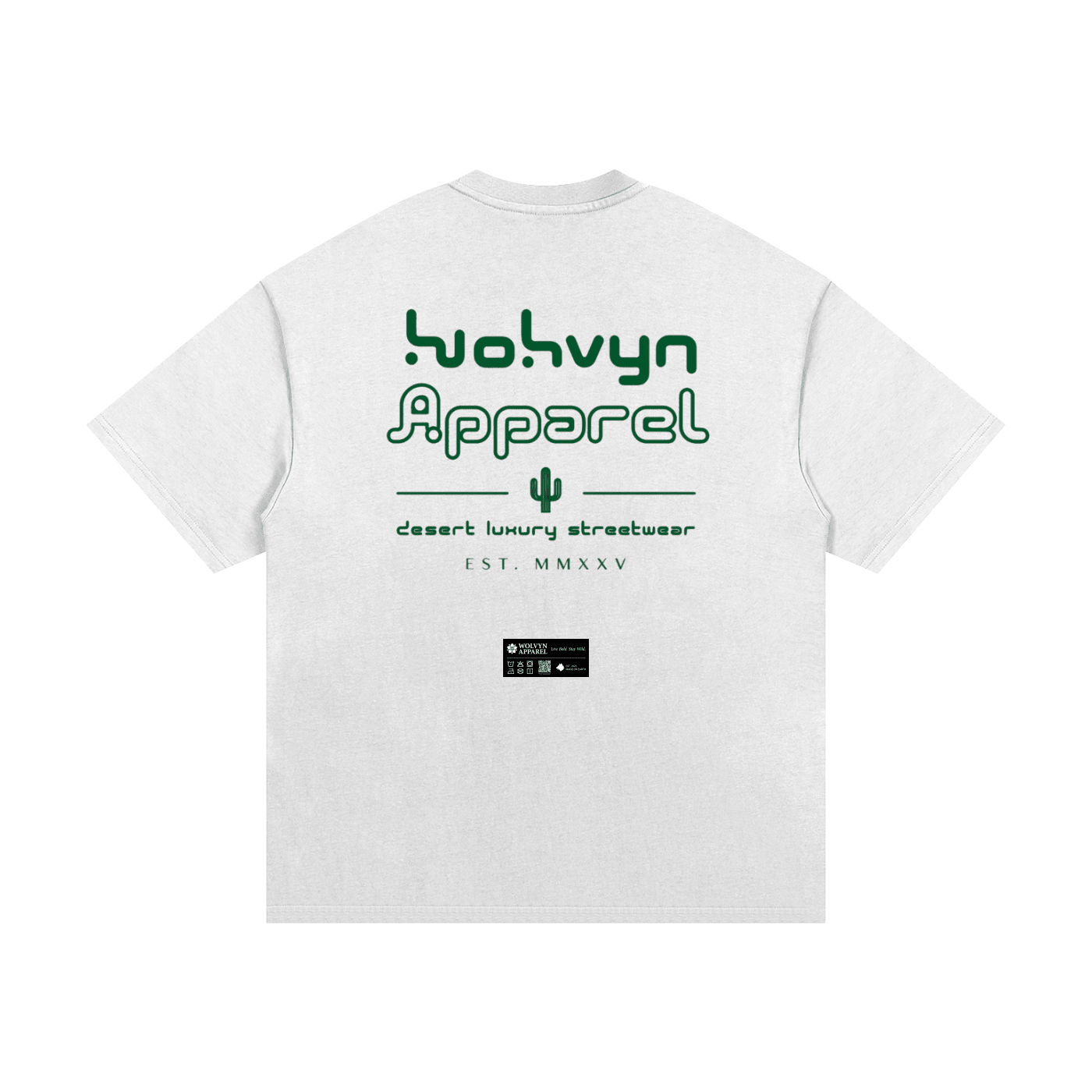 Heavyweight white cotton t-shirt with bold green desert streetwear and cactus graphic on back.