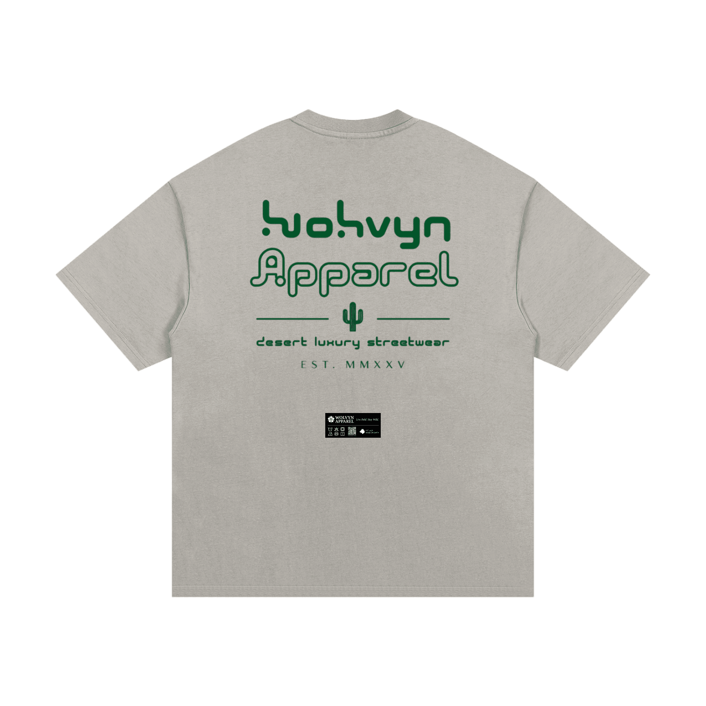 Back view of a grey heavyweight cotton t-shirt with bold green graphic text and cactus design.