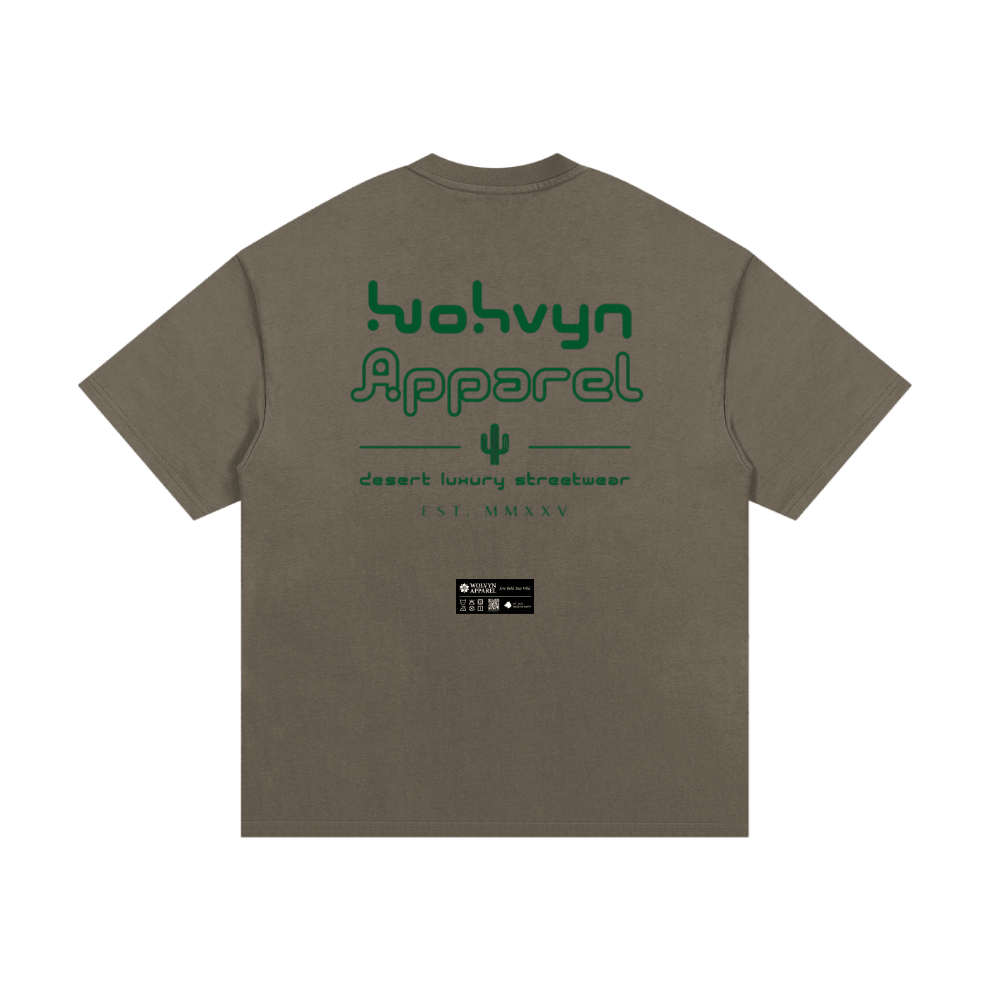 Heavyweight cotton streetwear t-shirt in taupe with green desert luxury graphic on back