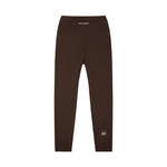 Wolvyn Apparel Standard Issue high-waisted yoga leggings, brown, back view with waistband logo and white ankle script.