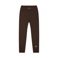 Wolvyn Apparel Standard Issue high-waisted yoga leggings, brown, back view with waistband logo and white ankle script.