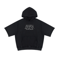 Hoodie by Wolvyn Apparel in black mineral-wash short-sleeve with white chest print.
