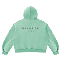 Wolvyn Apparel Foundations Layer 02 boxy fleece hoodie, mint green, unisex vintage-wash; back view shows FOUNDATIONS LAYER 02.