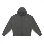 Wolvyn Apparel charcoal gray fleece zip hoodie, front view with small chest Wolvyn logo, kangaroo pockets, flat-lay.