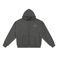 Wolvyn Apparel charcoal gray fleece zip hoodie, front view with small chest Wolvyn logo, kangaroo pockets, flat-lay.