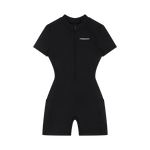 Wolvyn Apparel women's quarter-zip short-sleeve romper bodysuit in black with front zipper.