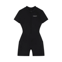 Wolvyn Apparel women's quarter-zip short-sleeve romper bodysuit in black with front zipper.