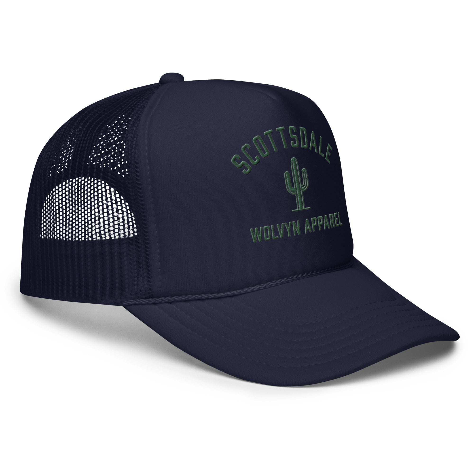 Navy foam trucker hat with Scottsdale text, cactus graphic, mesh back, curved bill