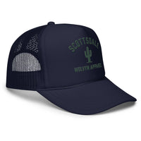 Navy foam trucker hat with Scottsdale text, cactus graphic, mesh back, curved bill