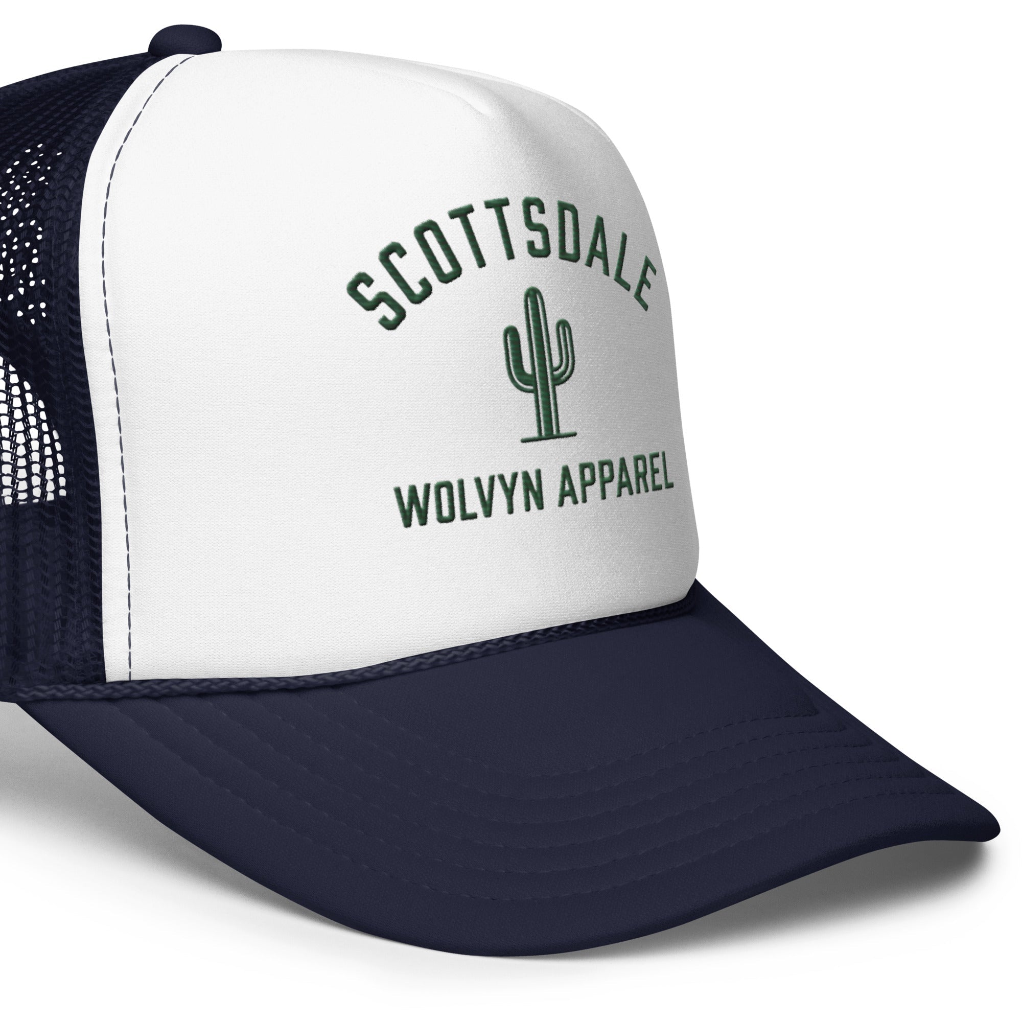White and navy foam trucker hat with mesh back, cactus graphic, and Scottsdale text