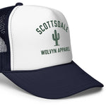 White and navy foam trucker hat with mesh back, cactus graphic, and Scottsdale text