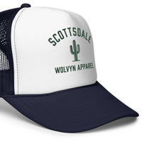 White and navy foam trucker hat with mesh back, cactus graphic, and Scottsdale text