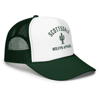 Green and white foam trucker hat with mesh back, cactus logo, and Scottsdale text on front