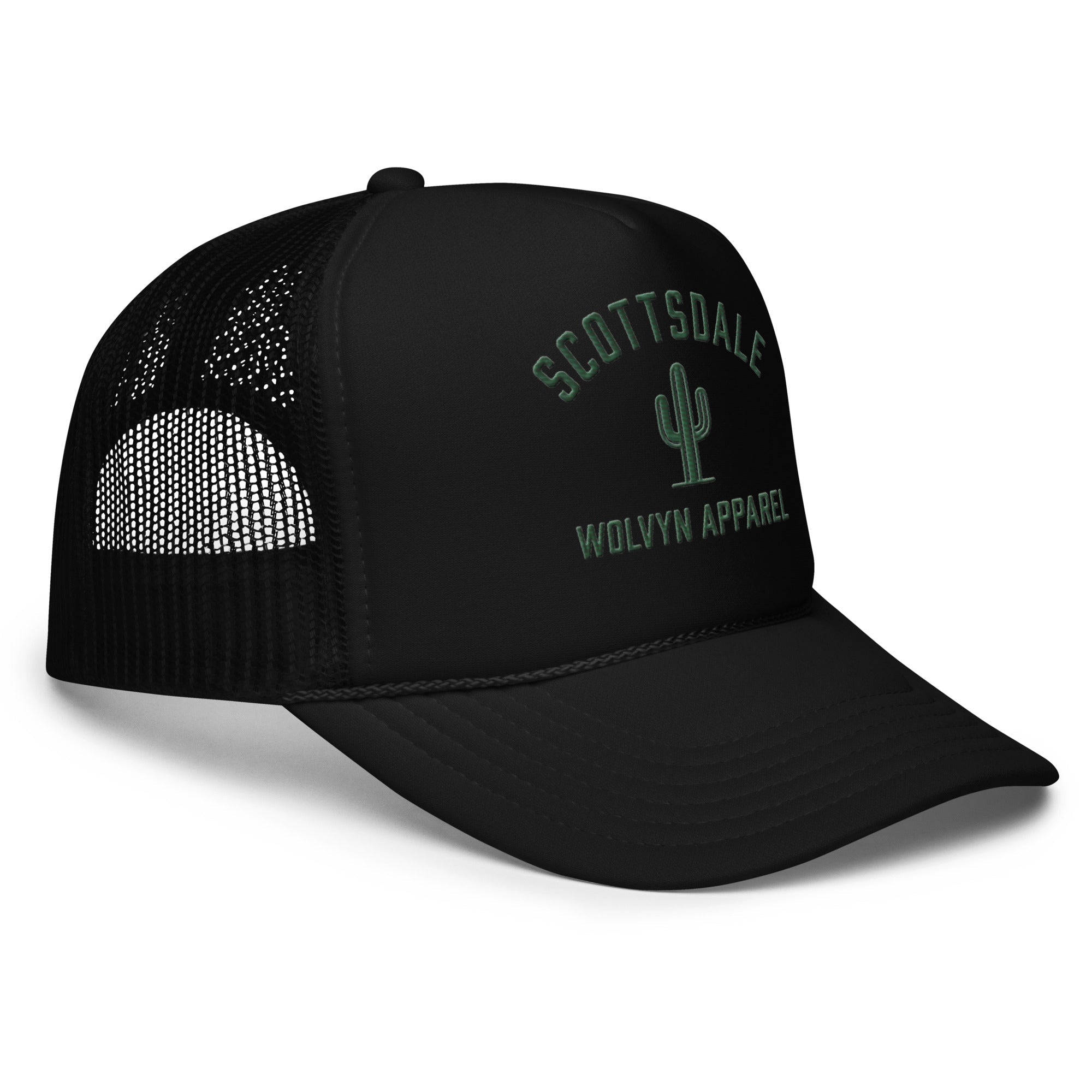 Black foam trucker hat with mesh back, Scottsdale cactus embroidery, Wolvyn Apparel text