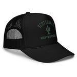Black foam trucker hat with mesh back, Scottsdale cactus embroidery, Wolvyn Apparel text