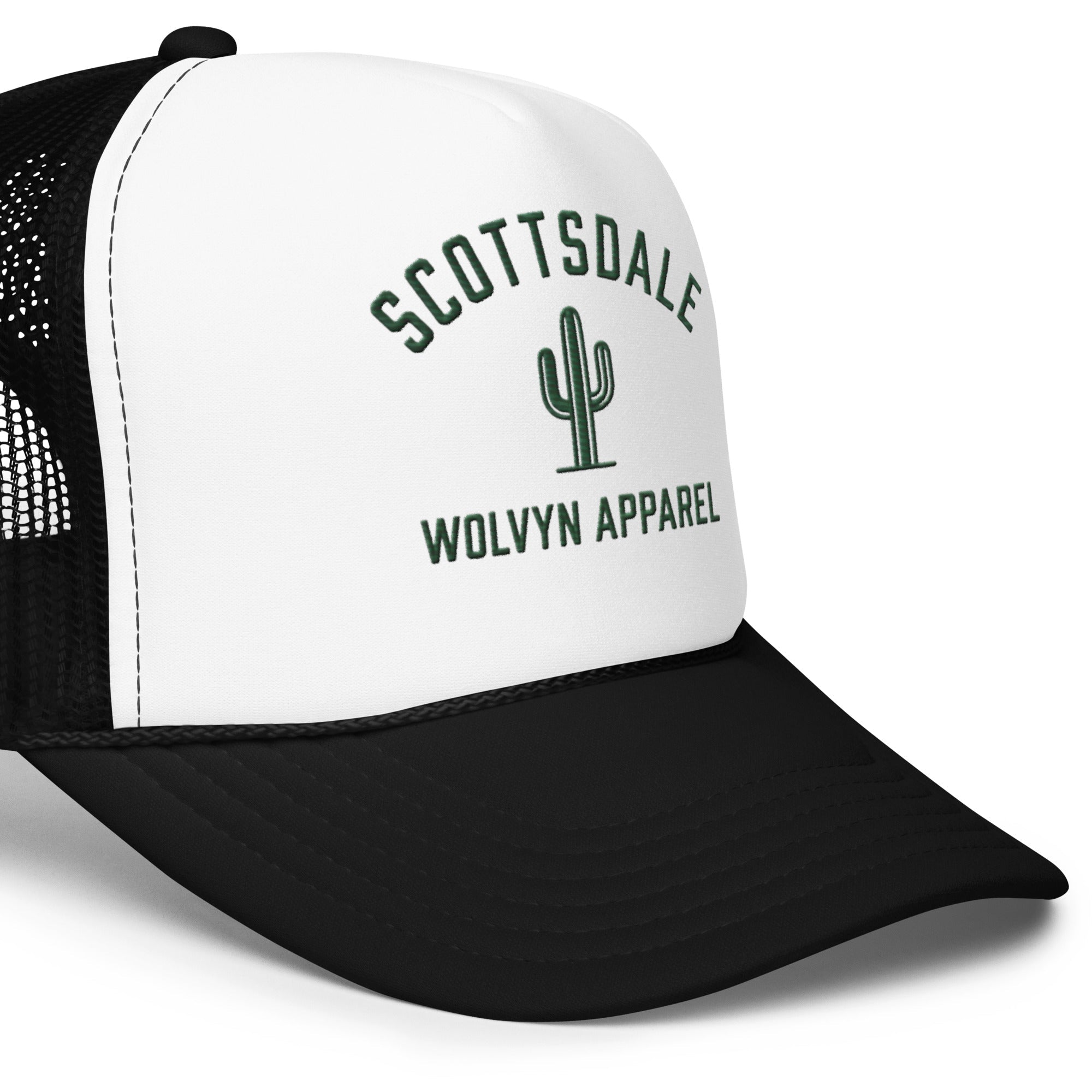 Black and white foam trucker hat with mesh back, cactus graphic, and Scottsdale text