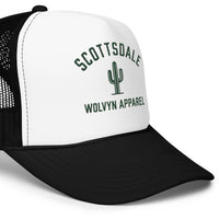 Black and white foam trucker hat with mesh back, cactus graphic, and Scottsdale text