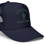 Navy foam trucker hat with mesh back, cactus embroidery and Scottsdale text on front panel