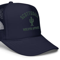 Navy foam trucker hat with mesh back, cactus embroidery and Scottsdale text on front panel
